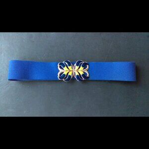 Vintage '80s Enameled Cinch Belt Buckle Elastic Navy Blue/Monstera Leaf Clasp